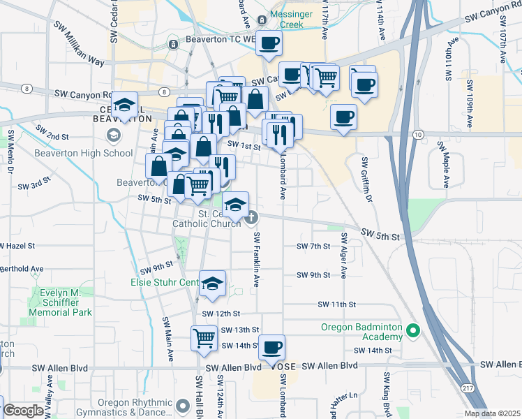 map of restaurants, bars, coffee shops, grocery stores, and more near 12150 Southwest 5th Street in Beaverton