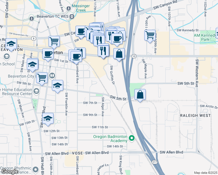 map of restaurants, bars, coffee shops, grocery stores, and more near 4925 Southwest Griffith Drive in Beaverton