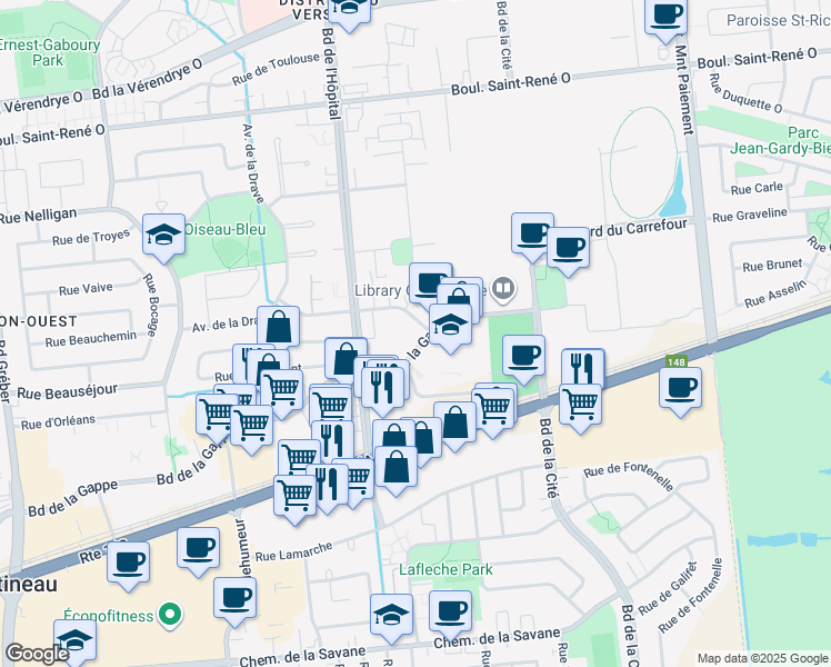 map of restaurants, bars, coffee shops, grocery stores, and more near 777 Boulevard de la Gappe in Gatineau