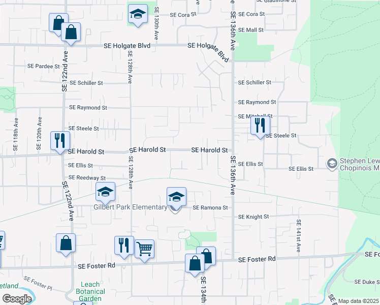 map of restaurants, bars, coffee shops, grocery stores, and more near 13234 Southeast Harold Street in Portland