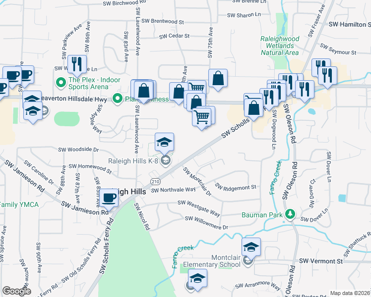 map of restaurants, bars, coffee shops, grocery stores, and more near 5125 Southwest Scholls Ferry Road in Portland