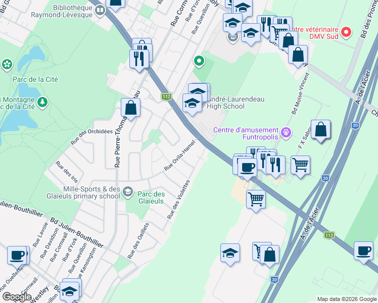 map of restaurants, bars, coffee shops, grocery stores, and more near 3063 Rue Ovila-Hamel in Longueuil