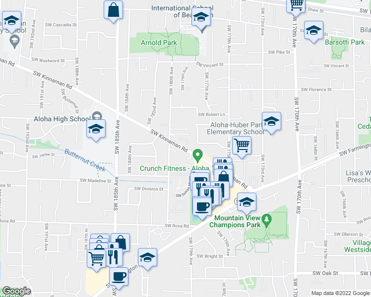 map of restaurants, bars, coffee shops, grocery stores, and more near 17960 SW Kinnaman Rd in Aloha