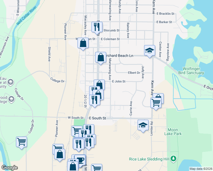 map of restaurants, bars, coffee shops, grocery stores, and more near 1727 South Main Street in Rice Lake