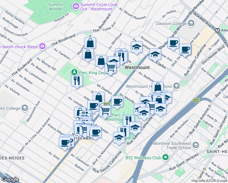map of restaurants, bars, coffee shops, grocery stores, and more near 4501 Rue Sherbrooke Ouest in Westmount