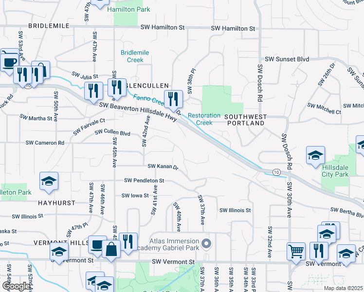 map of restaurants, bars, coffee shops, grocery stores, and more near 3851 Southwest Cullen Boulevard in Portland