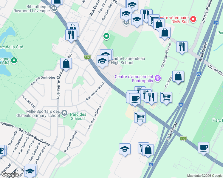 map of restaurants, bars, coffee shops, grocery stores, and more near 7555 Boulevard Cousineau in Longueuil