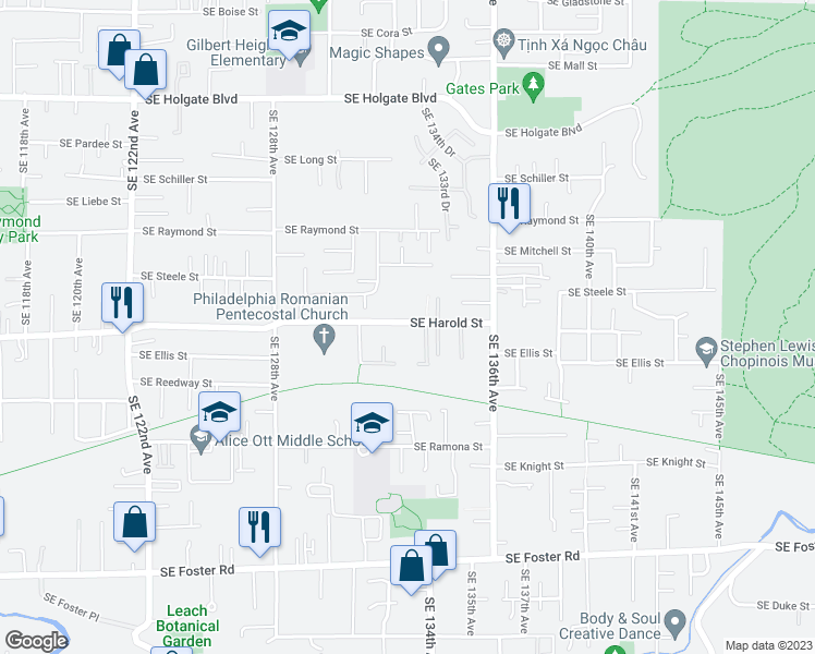 map of restaurants, bars, coffee shops, grocery stores, and more near 13230 Southeast Harold Street in Portland