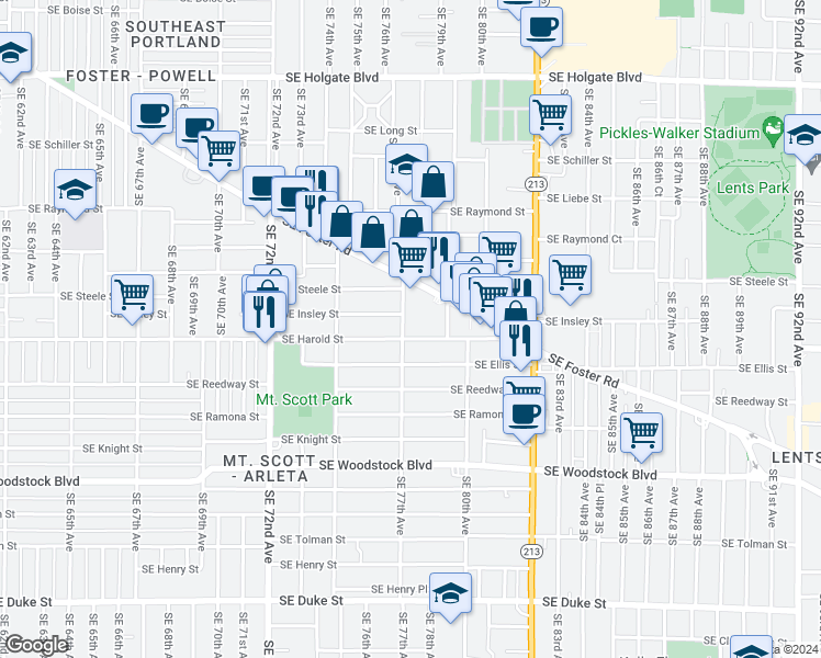 map of restaurants, bars, coffee shops, grocery stores, and more near 7723 Southeast Harold Street in Portland