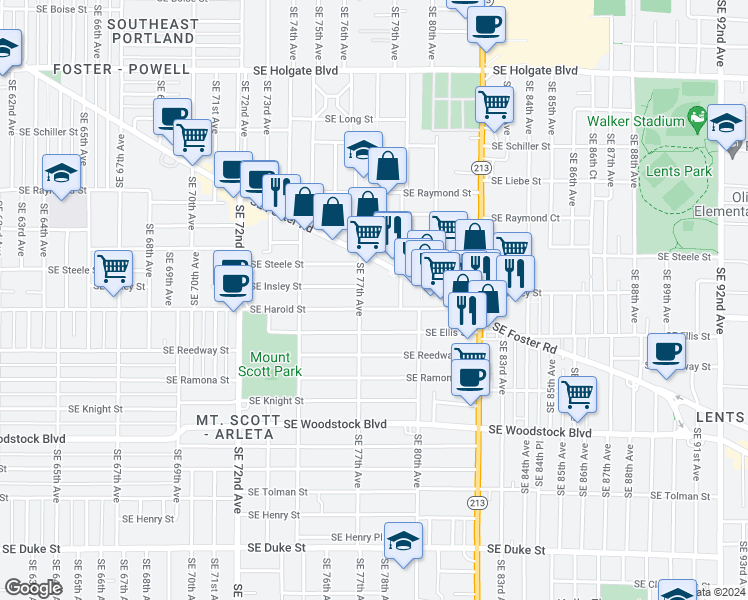 map of restaurants, bars, coffee shops, grocery stores, and more near 7731 Southeast Harold Street in Portland