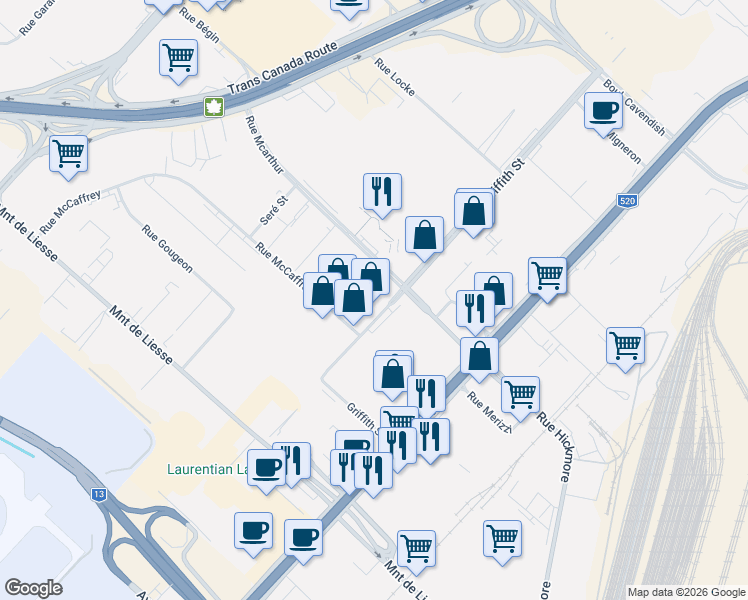 map of restaurants, bars, coffee shops, grocery stores, and more near 4125 Rue Griffith in Montréal
