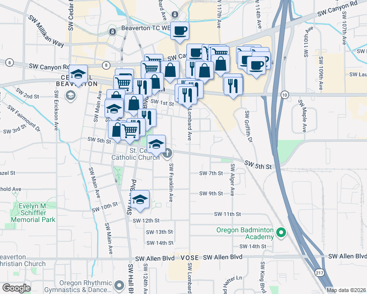 map of restaurants, bars, coffee shops, grocery stores, and more near in Beaverton