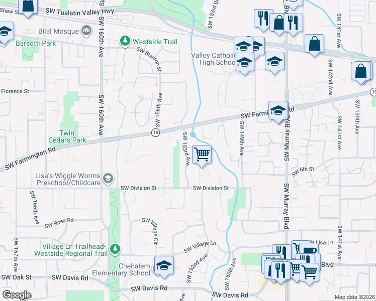 map of restaurants, bars, coffee shops, grocery stores, and more near 5055 Southwest 153rd Avenue in Beaverton