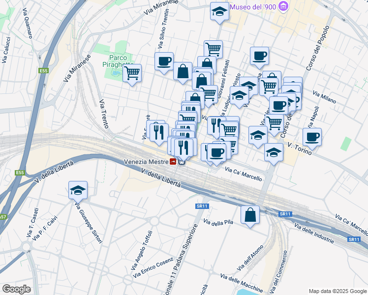 map of restaurants, bars, coffee shops, grocery stores, and more near 214 Via Piave in Venezia