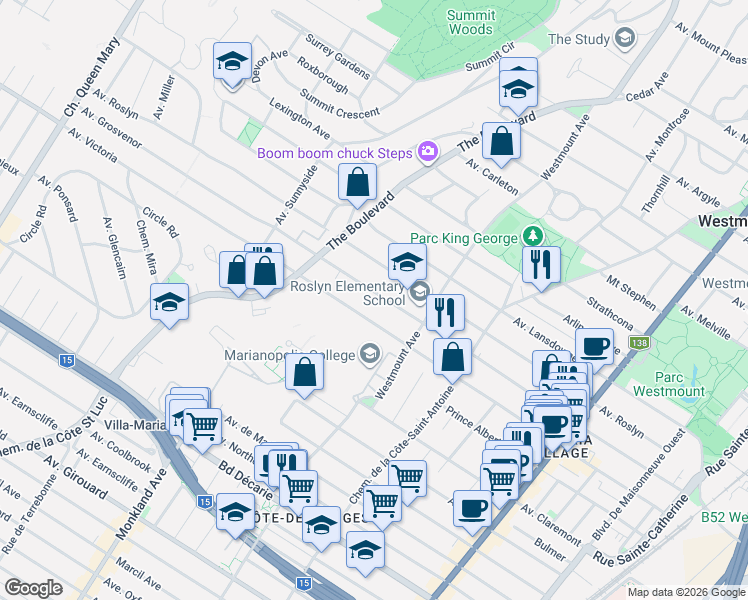 map of restaurants, bars, coffee shops, grocery stores, and more near in Westmount