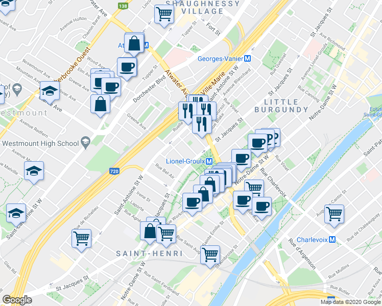 map of restaurants, bars, coffee shops, grocery stores, and more near 722 Avenue Walker in Montréal