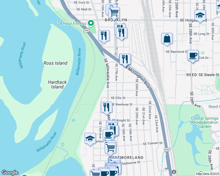 map of restaurants, bars, coffee shops, grocery stores, and more near 1624 Southeast Harold Street in Portland