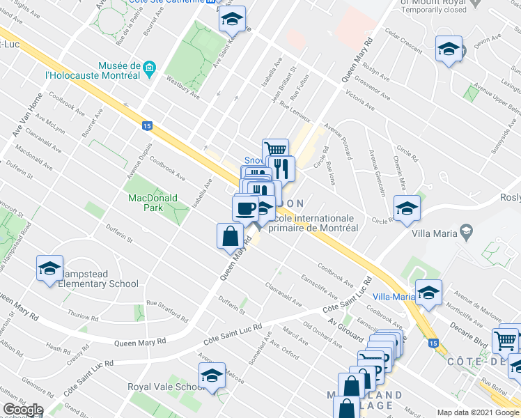 map of restaurants, bars, coffee shops, grocery stores, and more near 5321 Chemin Queen Mary in Montréal