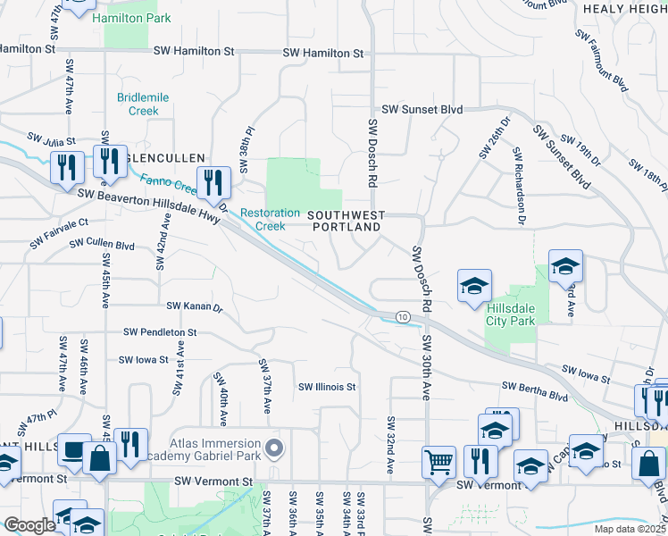 map of restaurants, bars, coffee shops, grocery stores, and more near 5481 Southwest 34th Place in Portland