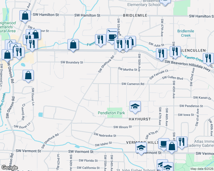 map of restaurants, bars, coffee shops, grocery stores, and more near 5703 Southwest 54th Avenue in Portland