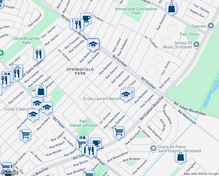 map of restaurants, bars, coffee shops, grocery stores, and more near 4195 Rue Dupras in Longueuil