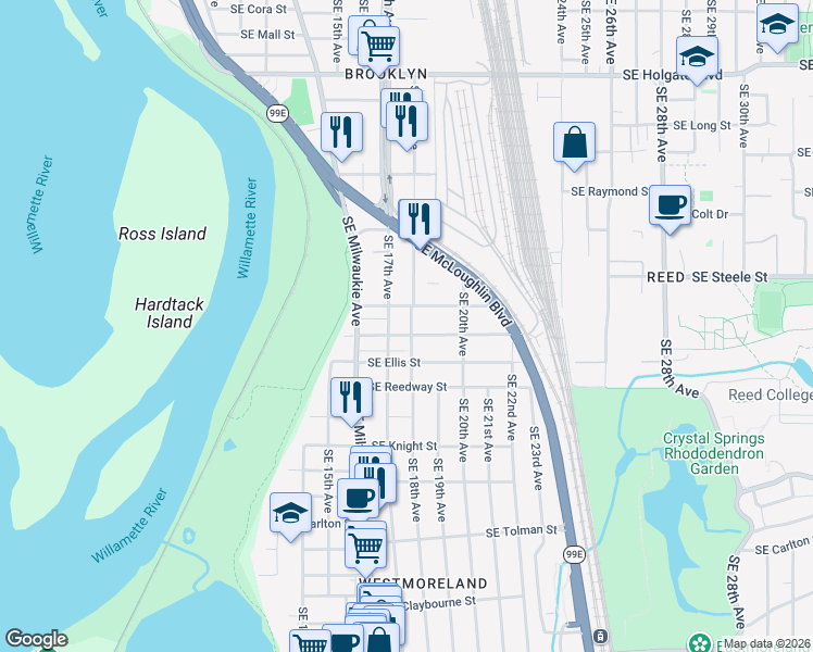 map of restaurants, bars, coffee shops, grocery stores, and more near 1731 Southeast Harold Street in Portland
