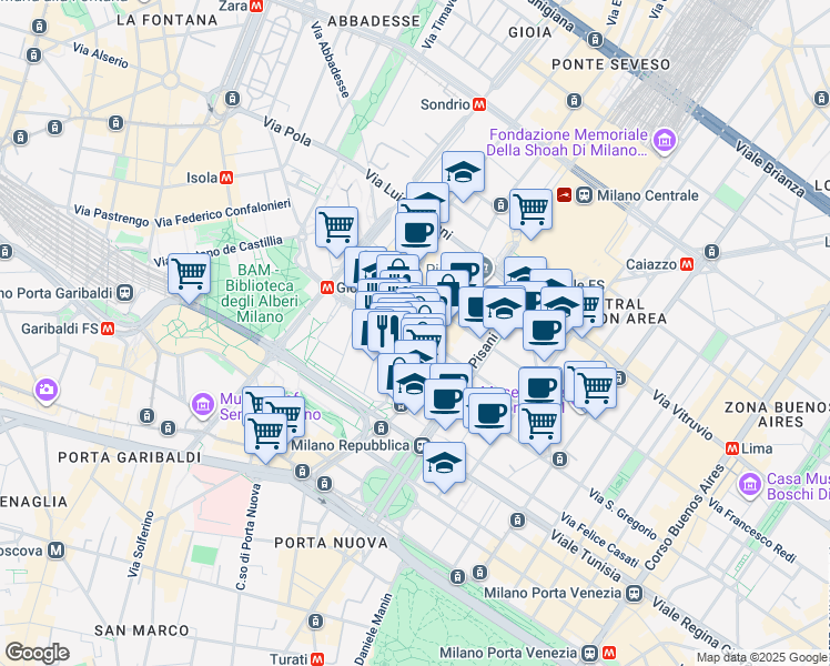 map of restaurants, bars, coffee shops, grocery stores, and more near in Milan