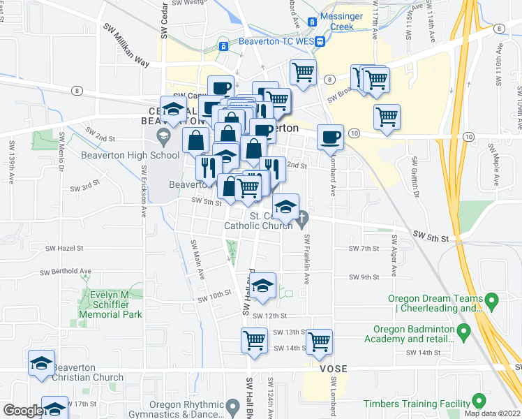 map of restaurants, bars, coffee shops, grocery stores, and more near Southwest Hall Boulevard in Beaverton