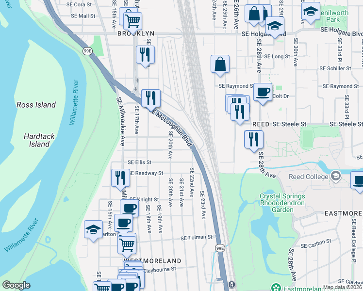 map of restaurants, bars, coffee shops, grocery stores, and more near 2048 Southeast Harold Street in Portland