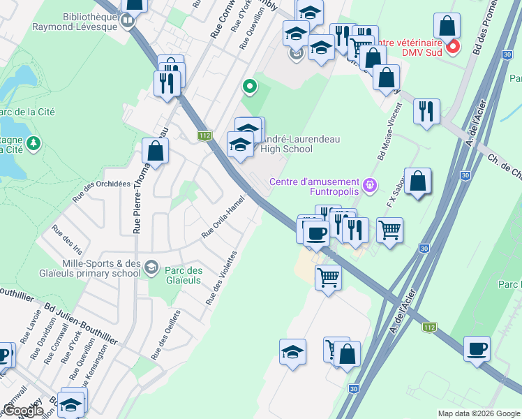 map of restaurants, bars, coffee shops, grocery stores, and more near 7555 Boulevard Cousineau in Longueuil
