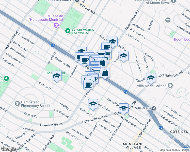 map of restaurants, bars, coffee shops, grocery stores, and more near 5321 Chemin Queen Mary in Montréal