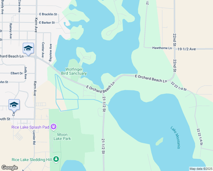 map of restaurants, bars, coffee shops, grocery stores, and more near 1503 East Orchard Beach Lane in Rice Lake