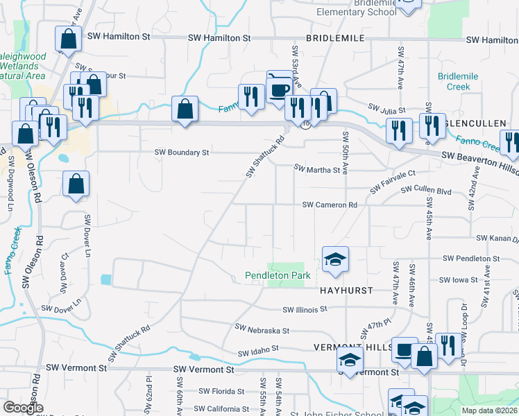 map of restaurants, bars, coffee shops, grocery stores, and more near 5508 Southwest Cameron Road in Portland