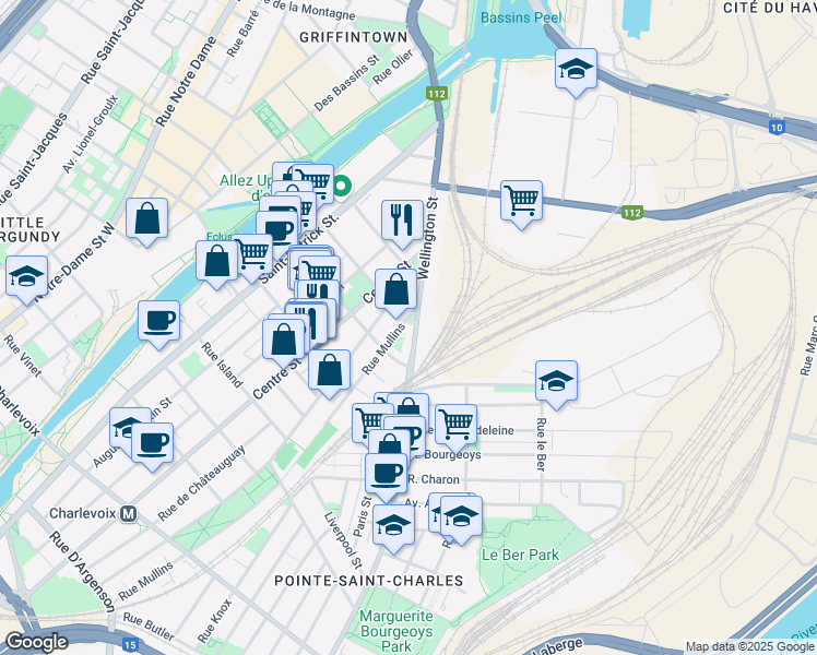 map of restaurants, bars, coffee shops, grocery stores, and more near 1642 Rue Mullins in Montréal
