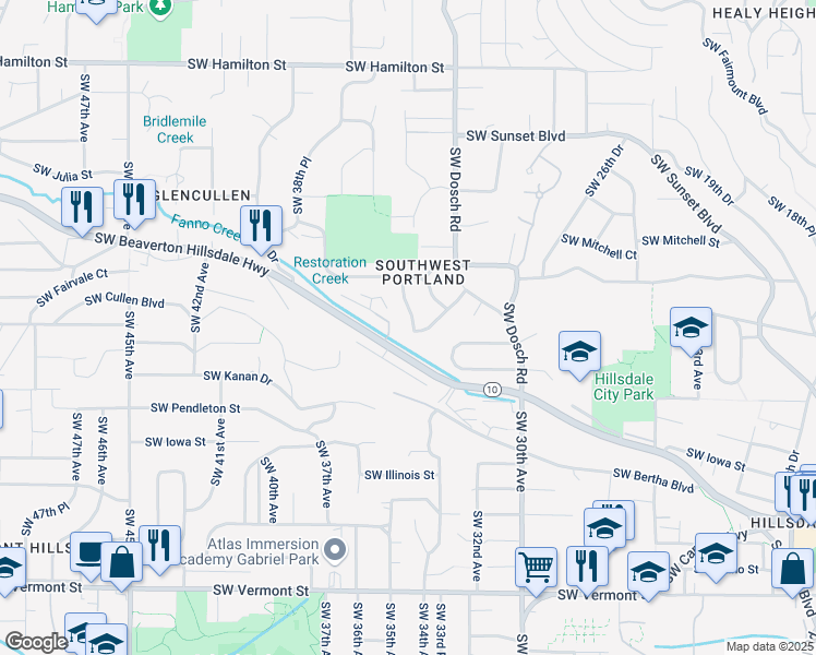 map of restaurants, bars, coffee shops, grocery stores, and more near 5481 Southwest 34th Place in Portland