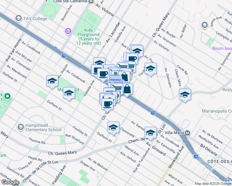 map of restaurants, bars, coffee shops, grocery stores, and more near 5311 Chemin Queen Mary in Montréal