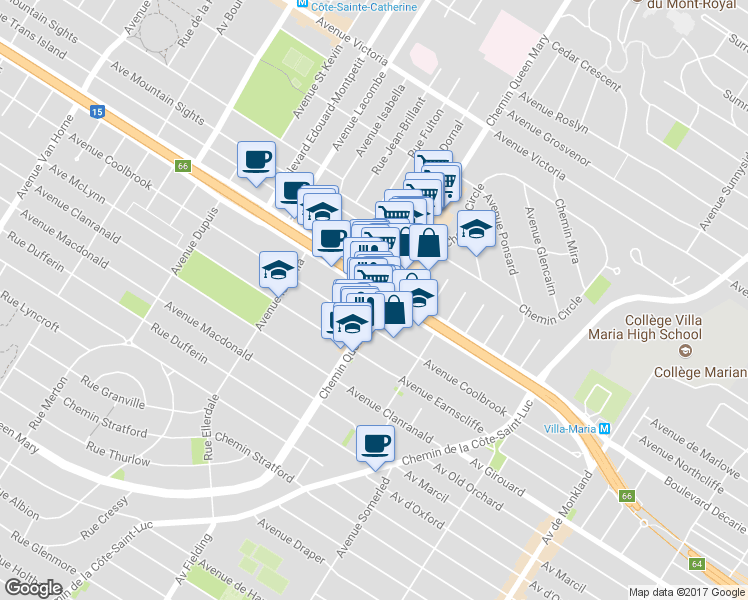 map of restaurants, bars, coffee shops, grocery stores, and more near 5311 Chemin Queen Mary in Montréal
