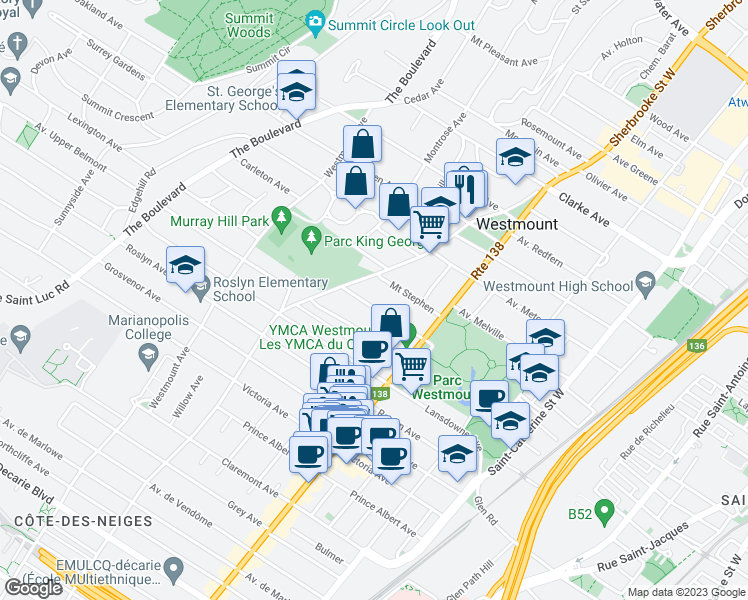 map of restaurants, bars, coffee shops, grocery stores, and more near 473 Avenue Strathcona in Westmount