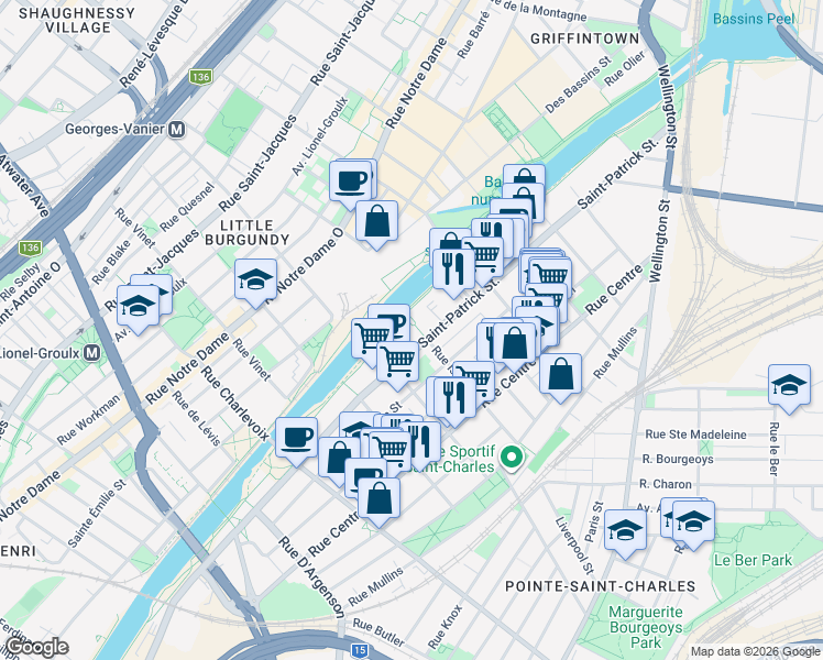 map of restaurants, bars, coffee shops, grocery stores, and more near 1450 Rue Island in Montréal