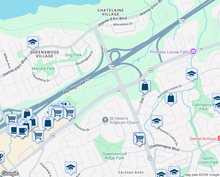 map of restaurants, bars, coffee shops, grocery stores, and more near 3265 Saint Joseph Boulevard in Ottawa