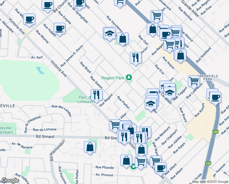 map of restaurants, bars, coffee shops, grocery stores, and more near 85 Rue Regent in Greenfield Park