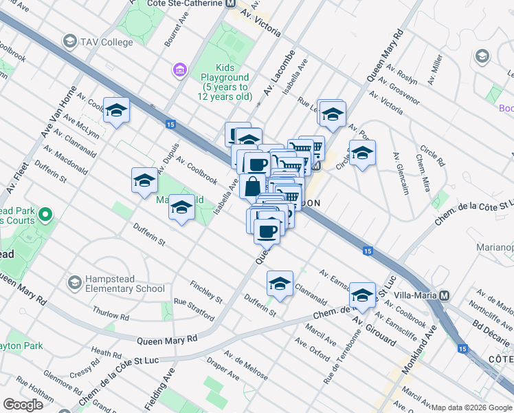 map of restaurants, bars, coffee shops, grocery stores, and more near 5207 Avenue Coolbrook in Montréal