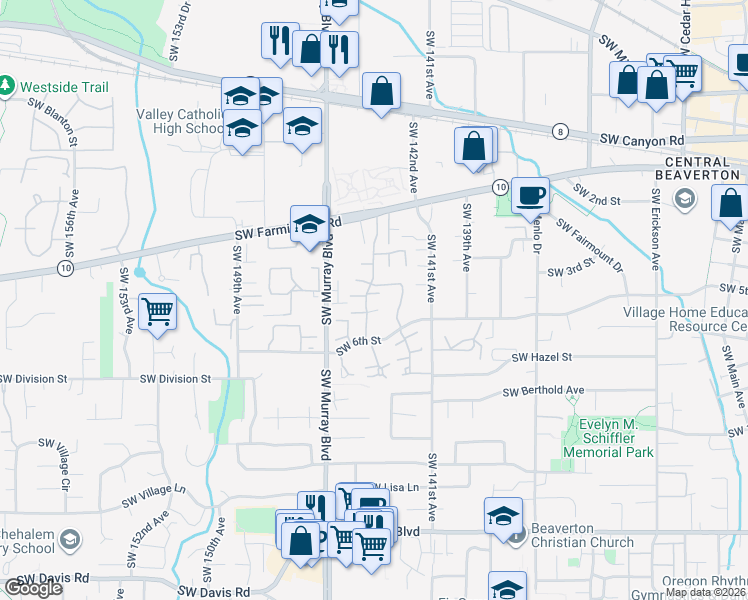 map of restaurants, bars, coffee shops, grocery stores, and more near 5165 Southwest Normandy Place in Beaverton