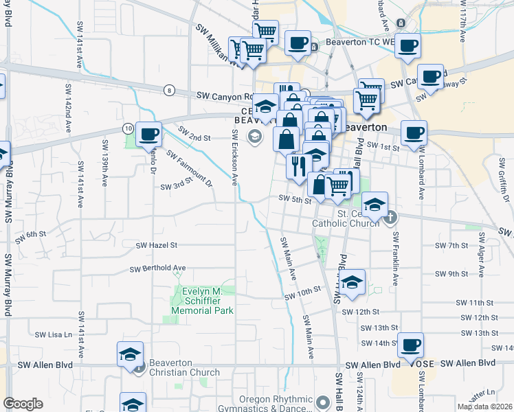 map of restaurants, bars, coffee shops, grocery stores, and more near 5130 Southwest Erickson Avenue in Beaverton