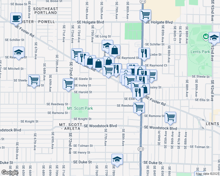 map of restaurants, bars, coffee shops, grocery stores, and more near 7820 Southeast Harold Street in Portland