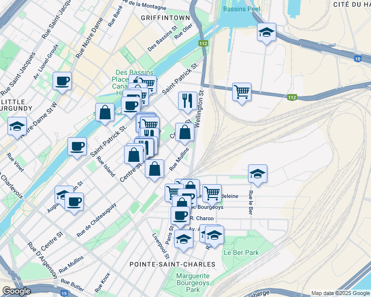 map of restaurants, bars, coffee shops, grocery stores, and more near 1655 Rue Mullins in Montréal