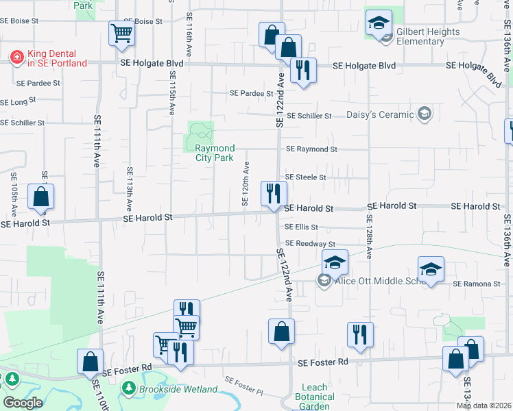 map of restaurants, bars, coffee shops, grocery stores, and more near 5427 Southeast 121st Avenue in Portland