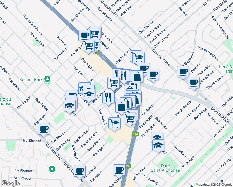 map of restaurants, bars, coffee shops, grocery stores, and more near 297 Rue Lawrence in Longueuil