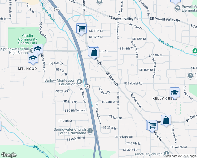 map of restaurants, bars, coffee shops, grocery stores, and more near 3523 Southeast 21st Drive in Gresham