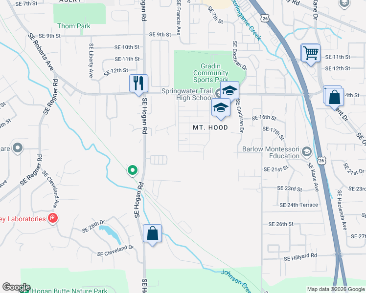 map of restaurants, bars, coffee shops, grocery stores, and more near 2141 Southeast 19th Street in Gresham